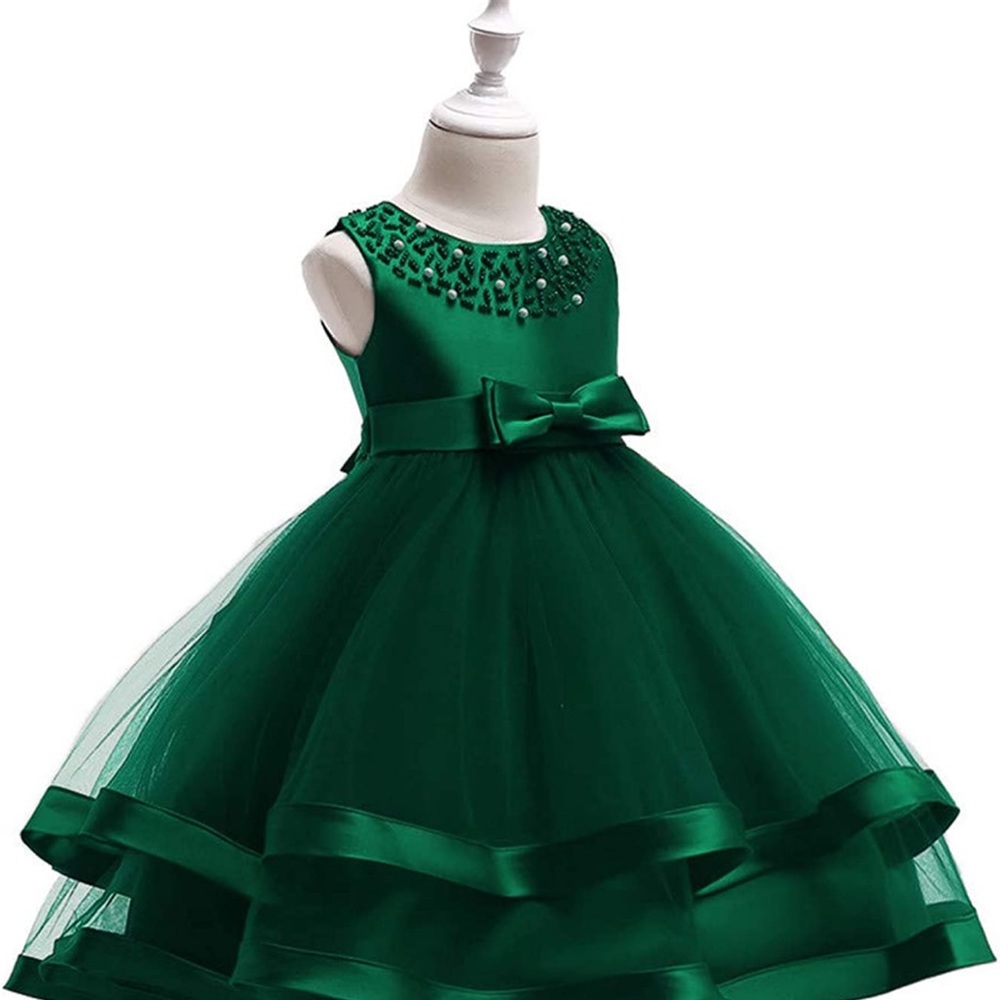 Toddler Wedding Guest Dress - Emerald with Pearl Details